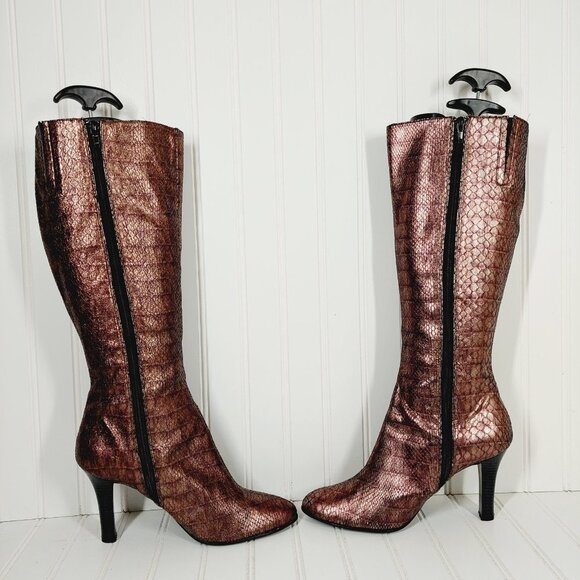 Parallel Brown Metallic Reptilian Print Side Zip Elastic Calf Heeled Boots H476 - Picture 7 of 13